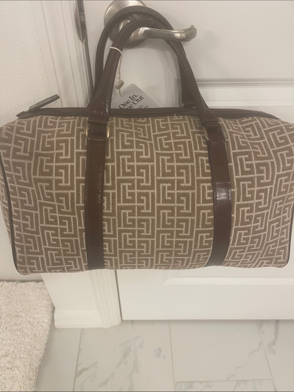 Pierre Balmain Brown Geometric Canvas Duffel with Dark Brown Trim